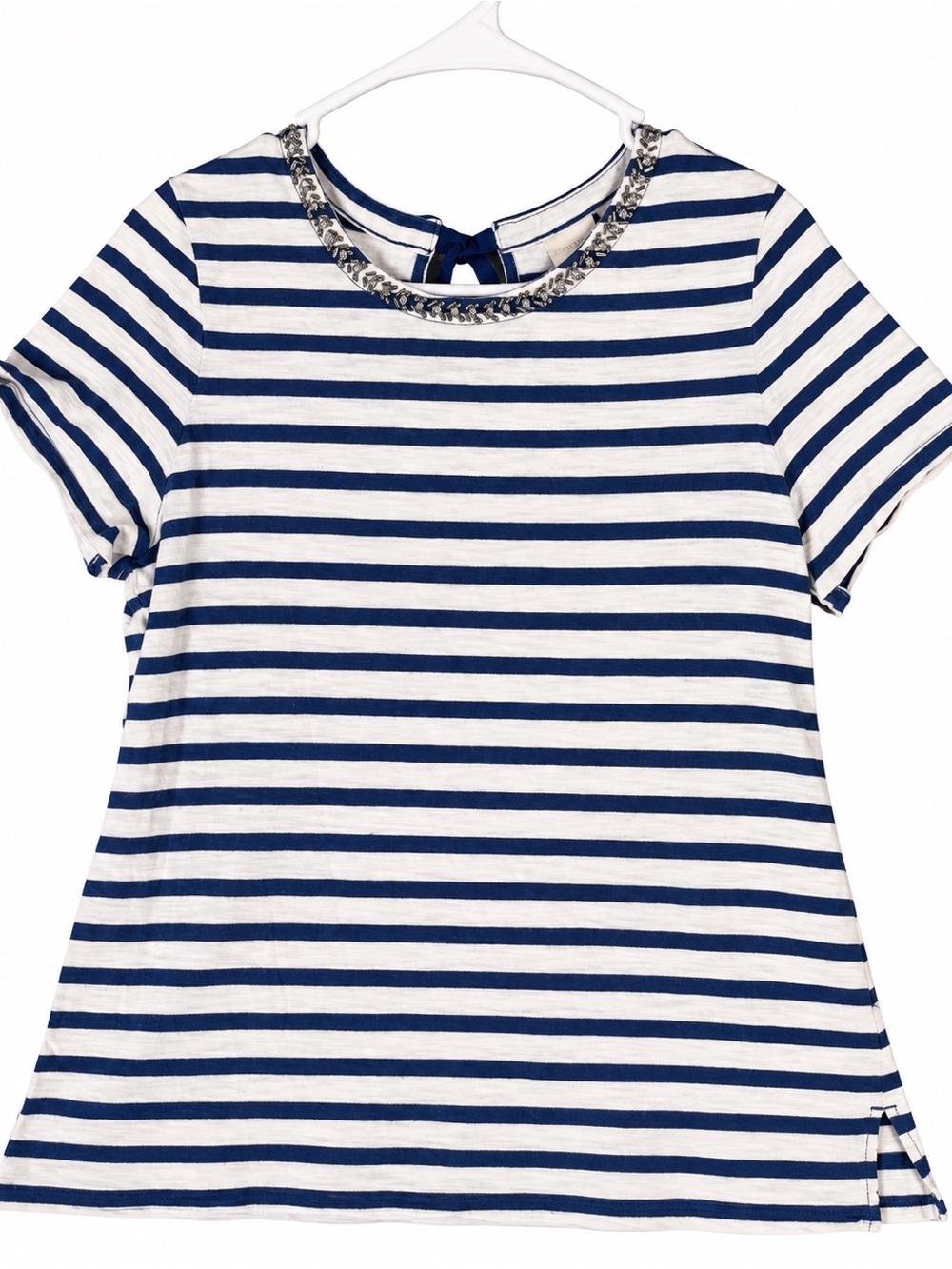 Chico’s Navy White Striped Embellished Neckline Top Size 1 Bow Back